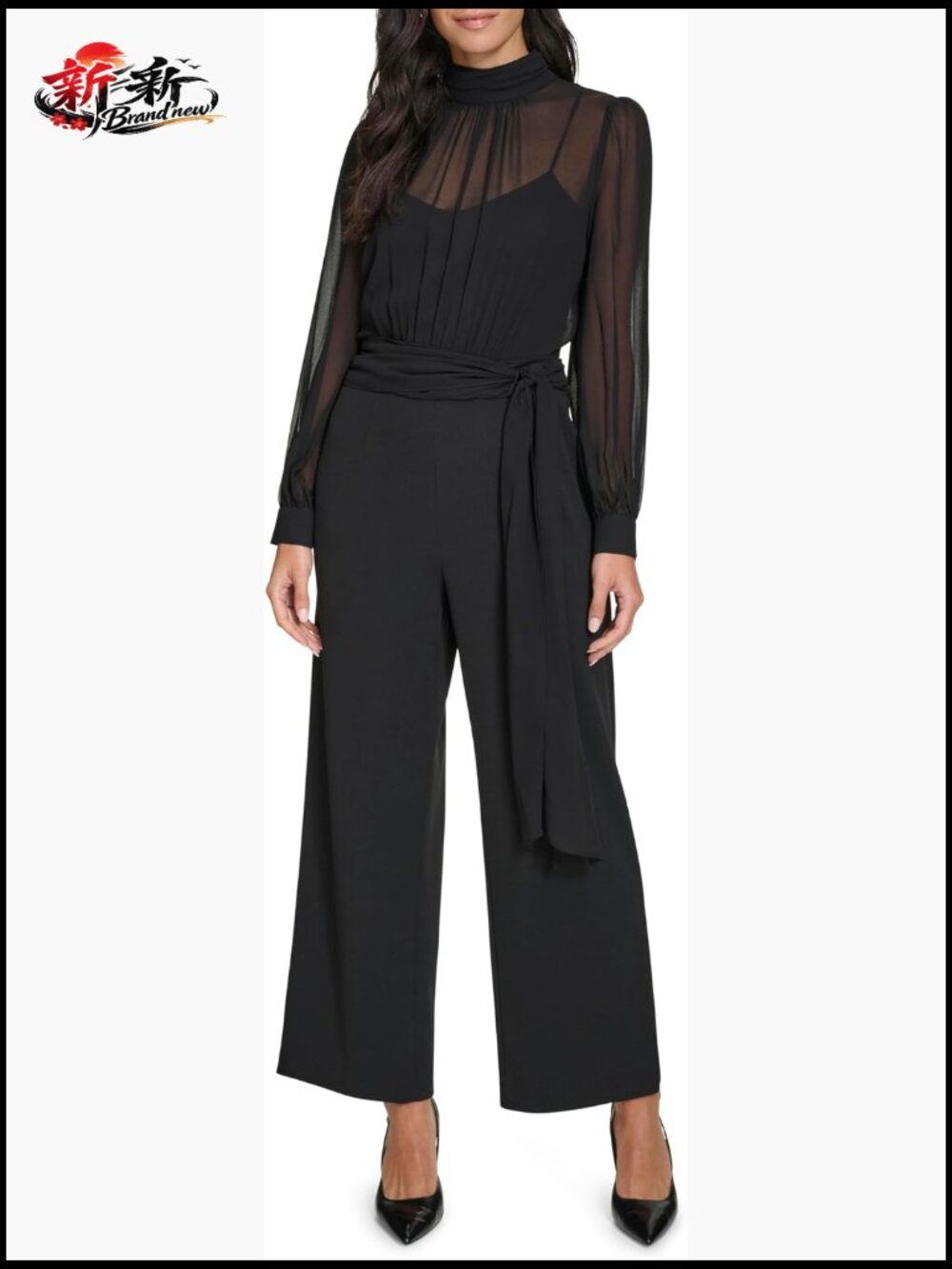 Long Sleeve Mock Neck Chiffon Overlay Belted Twofer Jumpsuit